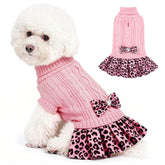 WOYYHO dog sweater dress with bowtie in pink leopard, stylish for photos and daily wear.