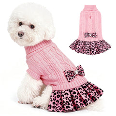WOYYHO dog sweater dress with bowtie in pink leopard, stylish for photos and daily wear.
