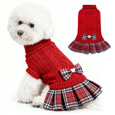 WOYYHO girl dog sweater dress with bowtie in red, front view for daily wear.