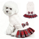 WOYYHO girl dog sweater dress with bowtie in white for cozy daily wear