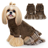 WOYYHO winter dog sweater dress with plaid skirt and bowtie for warmth