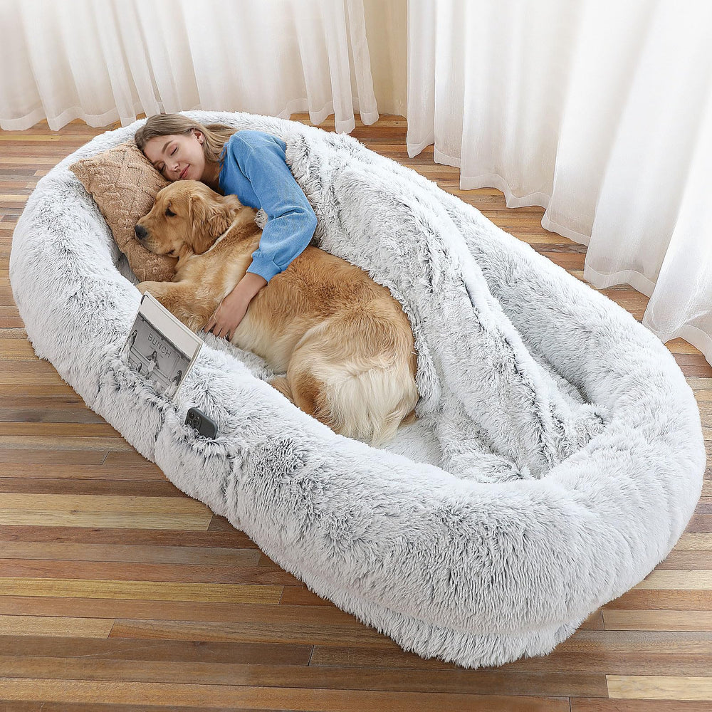 WROS human dog bed gray faux fur cover offers cozy lounging.