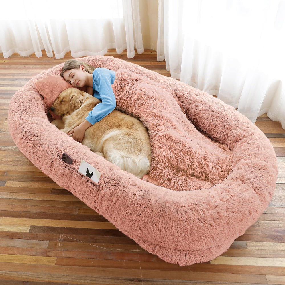 WROS Human Dog Bed pink faux fur close-up shows plush warmth for cozy naps