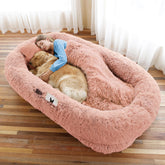 WROS Human Dog Bed pink faux fur close-up shows plush warmth for cozy naps