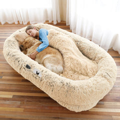 WROS human dog bed plush faux fur close-up showing inviting nap surface.