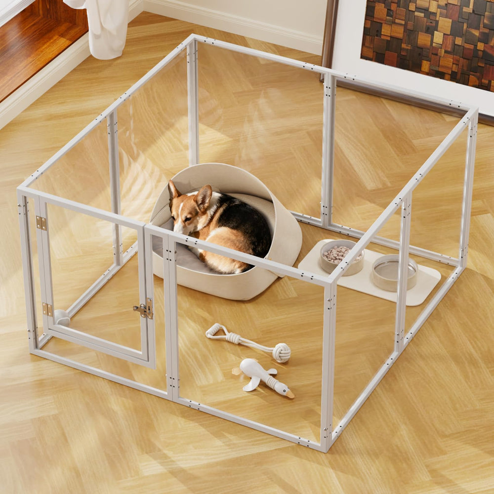 WSHPY clear acrylic dog playpen indoors with 360-degree visibility for easy monitoring.