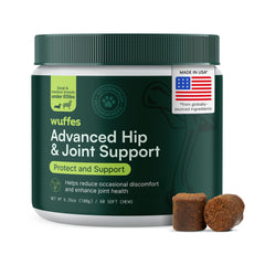 Wuffes Advanced Hip Joint Supplement bottle promotes easy daily dosing for mobility.