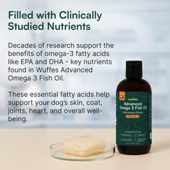 Wuffes Advanced Omega-3 dog joint support image emphasizes mobility and comfort.