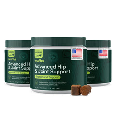 Wuffes hip joint supplement bottle shown, supports mobility for aging dogs.