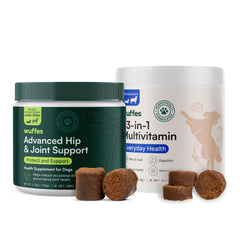 Wuffes hip-joint-support-chews-bottle: Palatable chews promoting joint mobility in small and medium dogs.