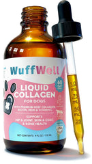 WuffWell liquid collagen for dogs bottle pour shows easy dosing for joints