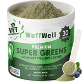 WuffWell Super Greens dog bottle label showing beef flavor for daily nutrition support.
