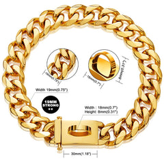 W/W Lifetime gold dog chain collar Cuban link detail highlighting heavy-duty construction for chewers.