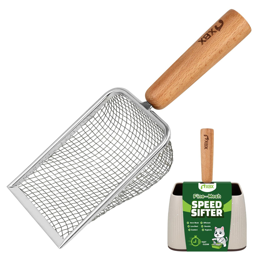 XBX cat litter scoop with metal mesh holder highlights durable stainless steel construction for daily scooping.