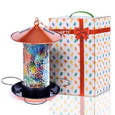 XDW-GIFTS mosaic solar bird feeder front view shows vibrant mosaic glass and glow