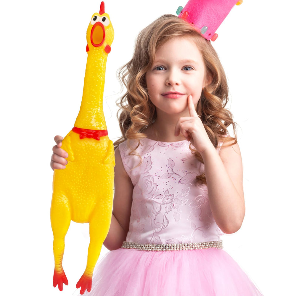 Xeehwb 22-inch rubber chicken close-up showing durable squeaker for pranks