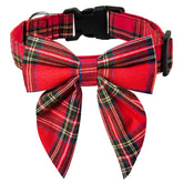 XIGOUPT Christmas dog collar with bowtie in red plaid for festive holiday photos.