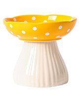 XJYYLX elevated mushroom cat bowls yellow 6in closeup—whisker-friendly meals