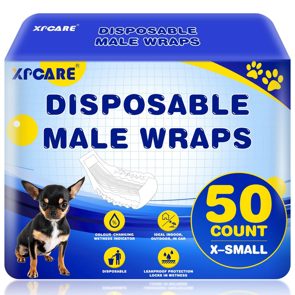 XPCARE disposable male dog diapers XS pack shows a 50-count box for convenient, mess-free outings.