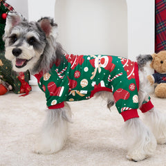 XPUDAC Christmas dog pajamas back view highlighting snug fit underbelly elastic.