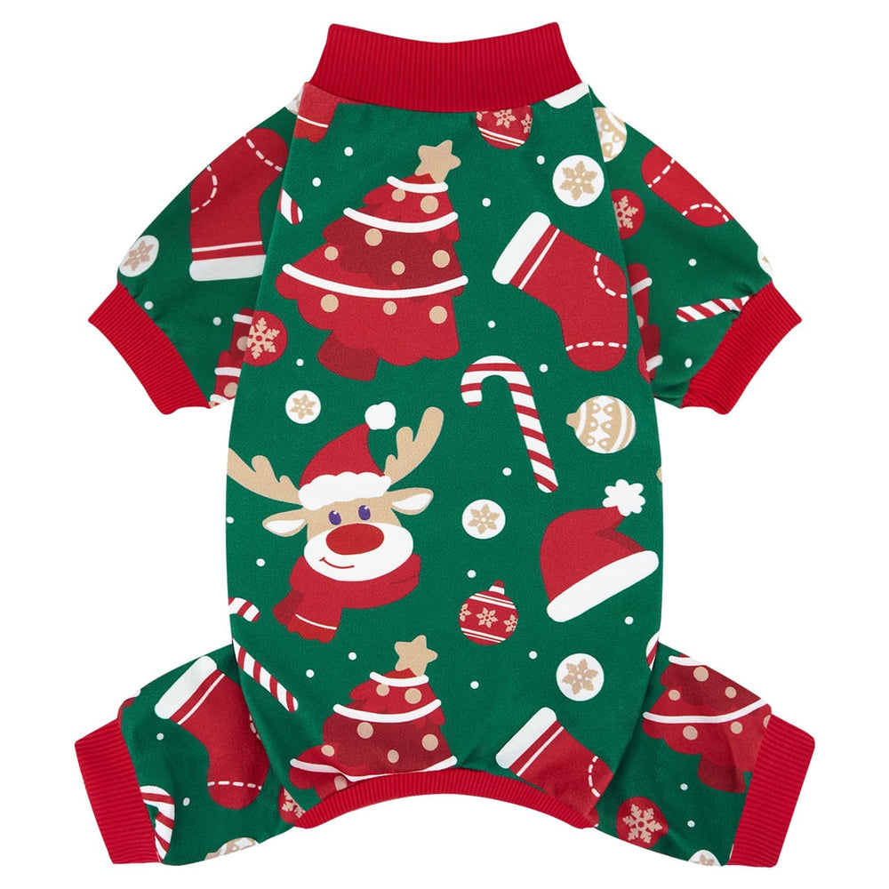 XPUDAC Christmas dog pajamas front view in red and green for festive comfort.
