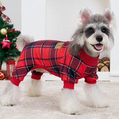 XPUDAC plaid dog pajamas on dog close-up shows soft, breathable fabric for all-day comfort