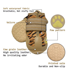 XSY&G dog boots leopard strap close-up showing secure adjustable closure