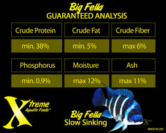 Xtreme Aquatic Foods Big Fella pellets ingredients image highlights krill, shrimp, squid, peas