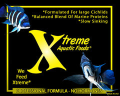 Xtreme Aquatic Foods Big Fella pellets serving scene demonstrates balanced nutrition for large aggressive fish
