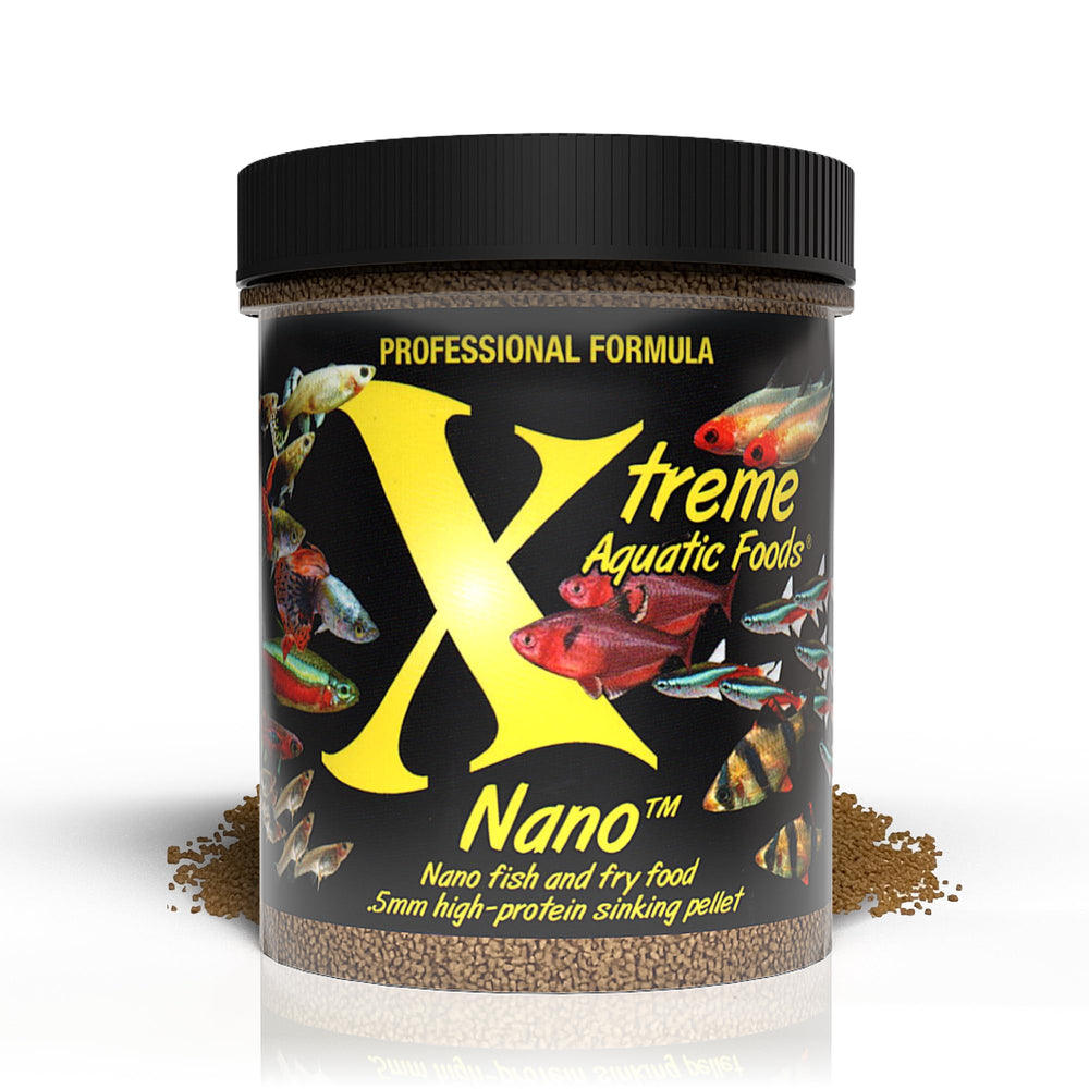 Xtreme Aquatic Foods Nano 0.5mm pellets packaging signals USA-made quality for small fish nutrition