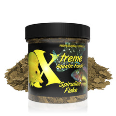 Xtreme Aquatic Foods Spirulina Flakes packaging closeup highlights premium USA farm-grown formula.