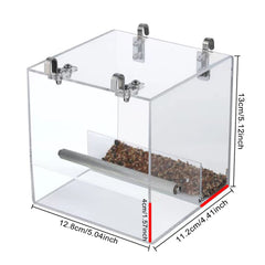 Xxmbbjy Automatic acrylic bird feeder side view demonstrates easy feeding access for small parrots.