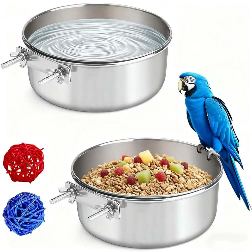 Xxmbbjy stainless steel bird bowl with clip holder secures feeding.