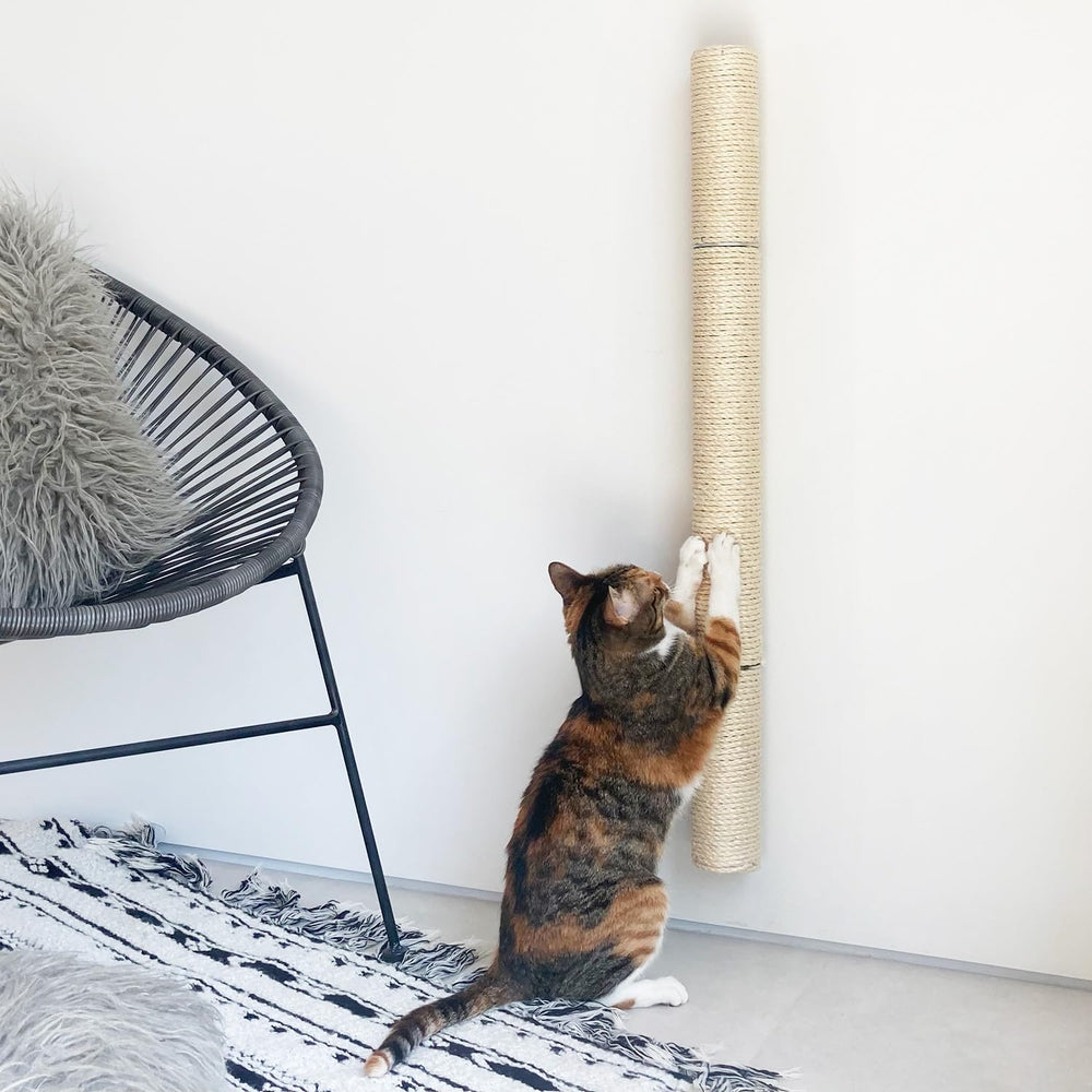 Xympo 34-inch wall-mounted sisal scratcher enables a full-body stretch for cats.