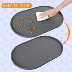 Yacee raised-edge mat under bowls protects floors and contains crumbs and drips.