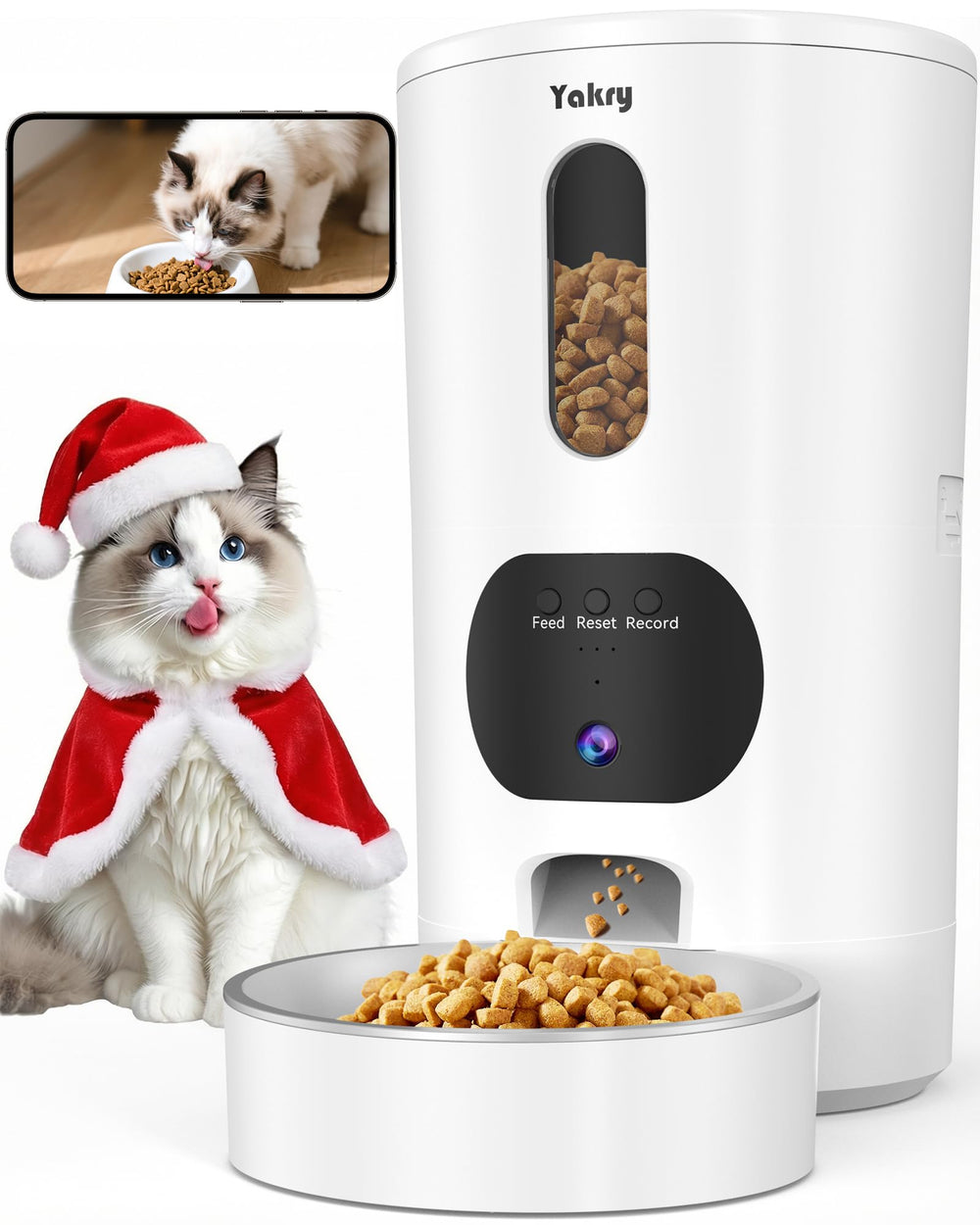 Yakry automatic cat feeder camera front view shows clear feeding monitoring and remote control potential.