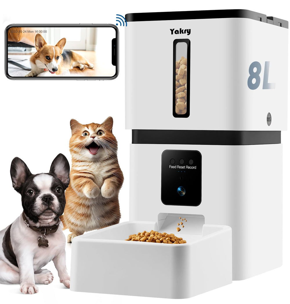 Yakry automatic dog feeder front view showing large 33-cup capacity for busy households