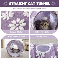 Yaning straight cat tunnel entrance with hanging balls for batting and swatting fun