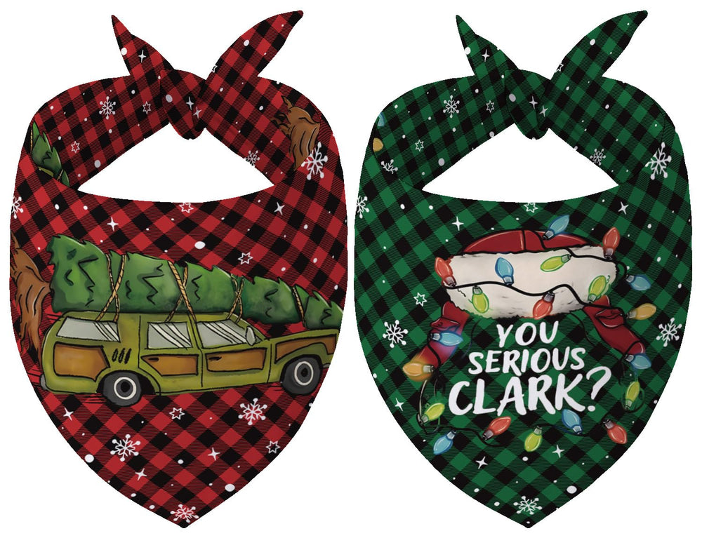 Yarcooly Griswold Eddie dog bandana front view shows festive red print for holiday photos.