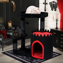 YARUOMY Gothic Cat Tree Castle exterior showcases dramatic black design for stylish play areas.