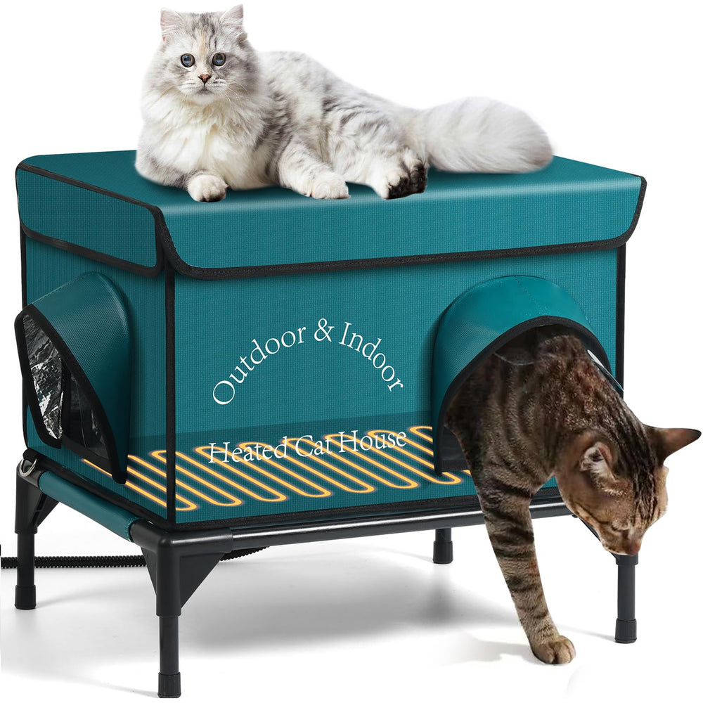 Yeatruojeet heated cat house exterior blue front view shows weatherproof shelter for outdoor cats.