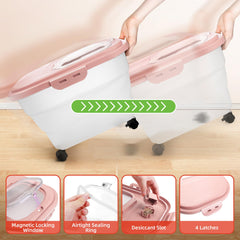 YECERCAN dog food bin with rolling wheels for easy relocation.