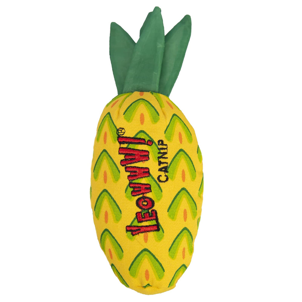 YEOWWW! Pineapple catnip toy yellow 7in front view shows durable cotton twill and scent appeal