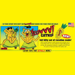 YEOWWW! Pineapple catnip toy yellow crinkly spikes seen while cats bat and pounce