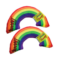 Yeowww rainbow catnip toy with vibrant fabric inviting playful batting and pouncing
