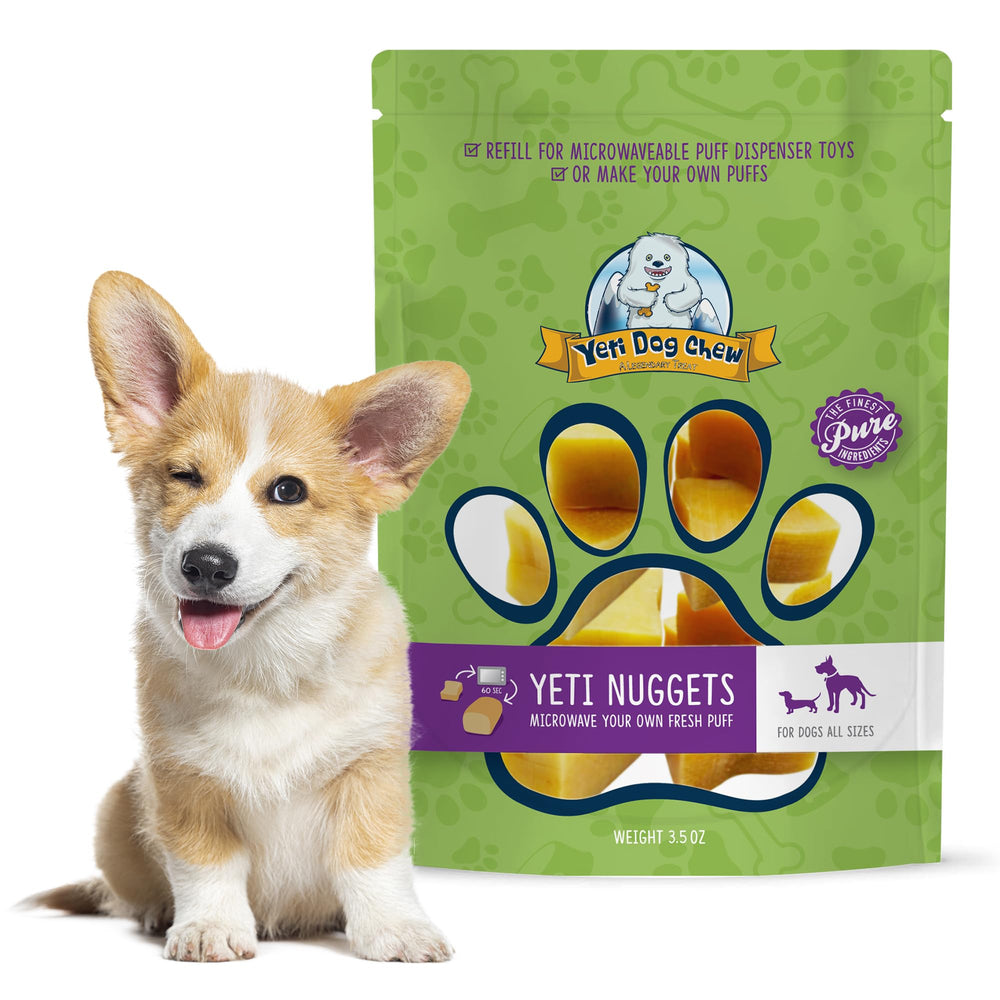Yeti dog chew refill nuggets packaging highlights natural Himalayan cheese for healthy snacking.