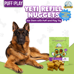 Yeti dog chew refill nuggets in puff-toy demonstrate interactive enrichment for curious dogs.