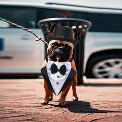 Yewong cat wearing tuxedo bandana for cute, stylish photos.