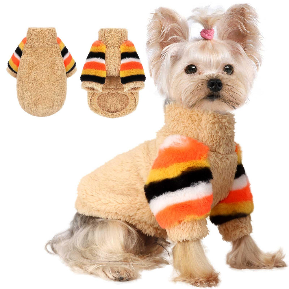 Yikeyo XXS dog sweater front view in khaki shows snug fit for tiny dogs.