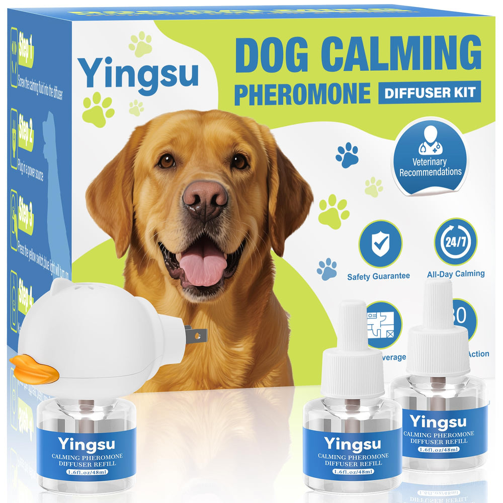 Yingsu Dog Calming Diffuser plugged in provides steady pheromone support for calm rooms.